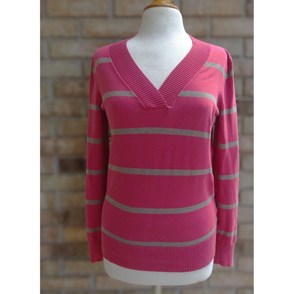 Gap Pink Gray Striped V-Neck Sweater - Size Medium